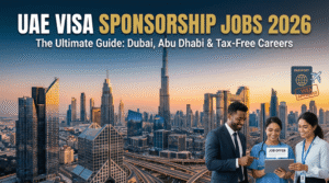 Promotional graphic for the "UAE Visa Sponsorship Jobs 2026" guide, featuring the sunset skyline of Dubai with the Burj Khalifa. In the foreground, three diverse professionals in business and medical attire smile while looking at a tablet displaying a "JOB OFFER" notification, next to a passport icon with a "VISA APPROVED" stamp.