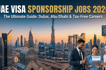 Promotional graphic for the "UAE Visa Sponsorship Jobs 2026" guide, featuring the sunset skyline of Dubai with the Burj Khalifa. In the foreground, three diverse professionals in business and medical attire smile while looking at a tablet displaying a "JOB OFFER" notification, next to a passport icon with a "VISA APPROVED" stamp.