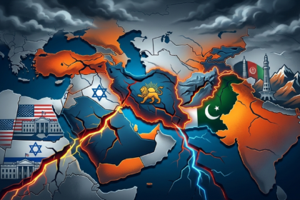 Conceptual graphic of a fracturing map of the Middle East and South Asia, with massive glowing cracks extending from the locations of the US, Israel, Iran, Pakistan, and Afghanistan. Dark storm clouds gather, symbolizing geopolitical tension.