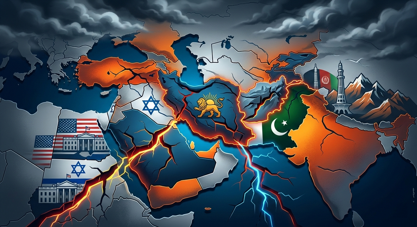 Conceptual graphic of a fracturing map of the Middle East and South Asia, with massive glowing cracks extending from the locations of the US, Israel, Iran, Pakistan, and Afghanistan. Dark storm clouds gather, symbolizing geopolitical tension.