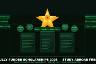 A dark green scholarship-themed featured image showing a golden star trophy, university buildings, and scholarship program names representing fully funded scholarships 2026 for international students