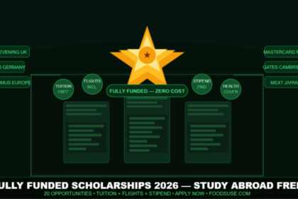 A dark green scholarship-themed featured image showing a golden star trophy, university buildings, and scholarship program names representing fully funded scholarships 2026 for international students