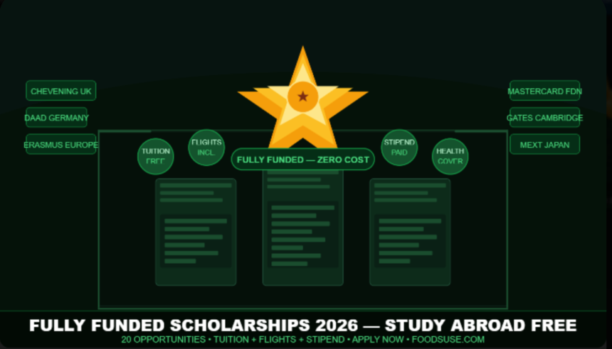 A dark green scholarship-themed featured image showing a golden star trophy, university buildings, and scholarship program names representing fully funded scholarships 2026 for international students