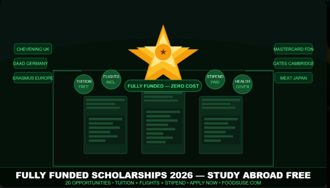 A dark green scholarship-themed featured image showing a golden star trophy, university buildings, and scholarship program names representing fully funded scholarships 2026 for international students
