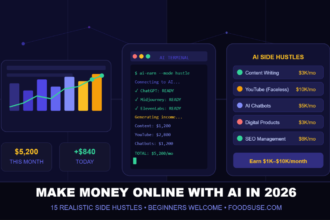 A dark tech-themed featured image showing AI terminal screens, income charts, and side hustle earnings representing ways to make money online with AI in 2026