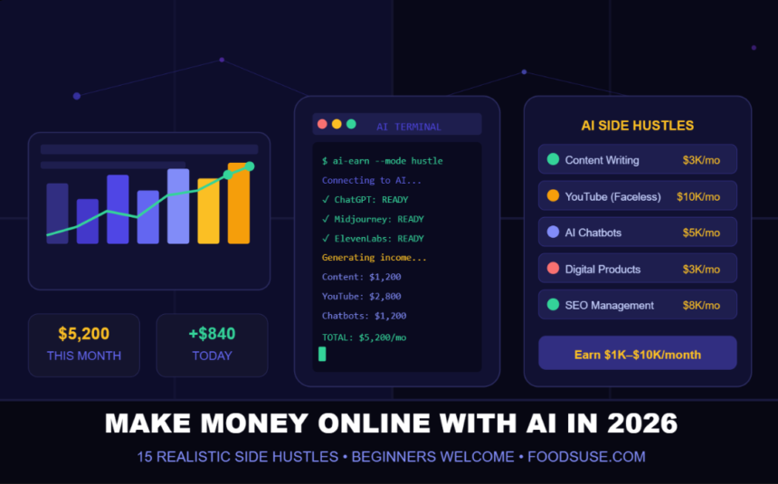 A dark tech-themed featured image showing AI terminal screens, income charts, and side hustle earnings representing ways to make money online with AI in 2026