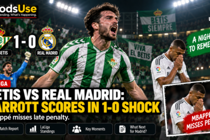 Troy Parrott celebrates as Real Betis beat Real Madrid 1-0 after Kylian Mbappé missed a late penalty