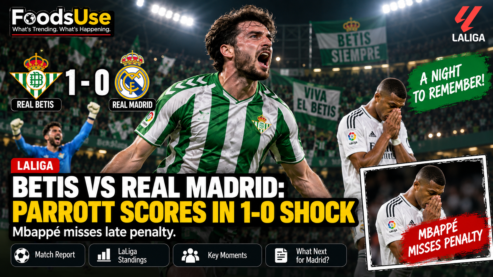 Troy Parrott celebrates as Real Betis beat Real Madrid 1-0 after Kylian Mbappé missed a late penalty